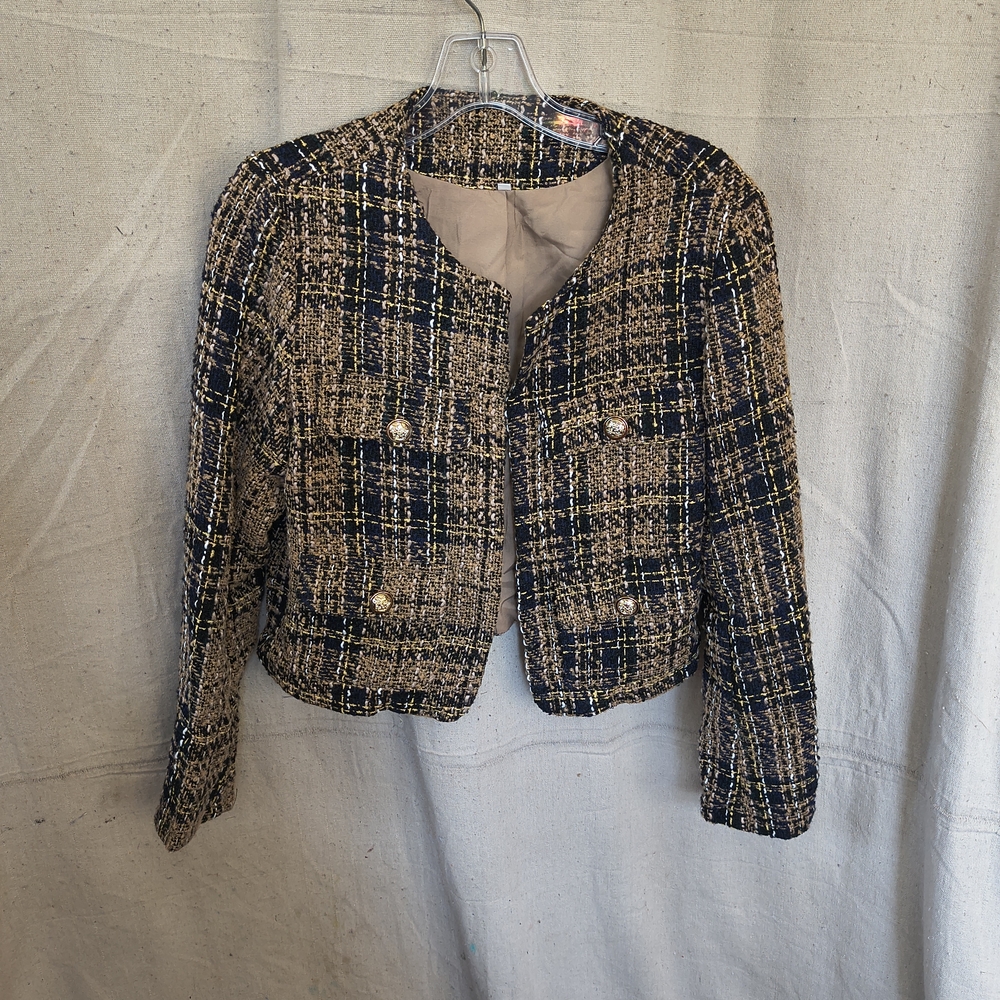 SheIn Brand Women's Medium Brown Plaid Tweed , Scoop Neck, Long Sleeve Jacket